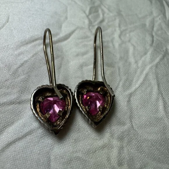 Heart-Shaped Pink Stone Sterling Silver Marked CA 925 Hook Dangle Drop Earrings - Picture 2 of 6